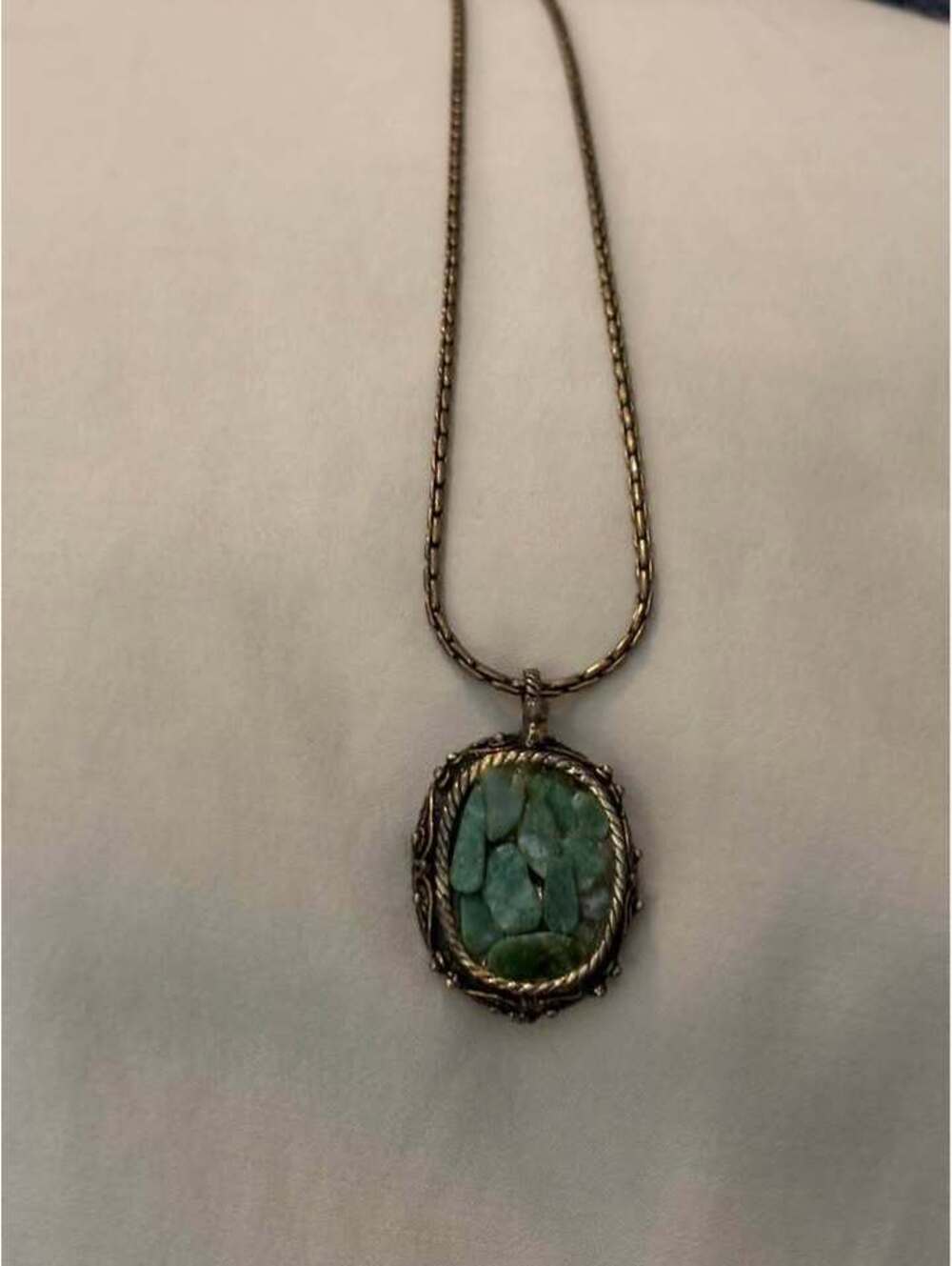 Vintage Green Stone Mosaic Pendant Necklace